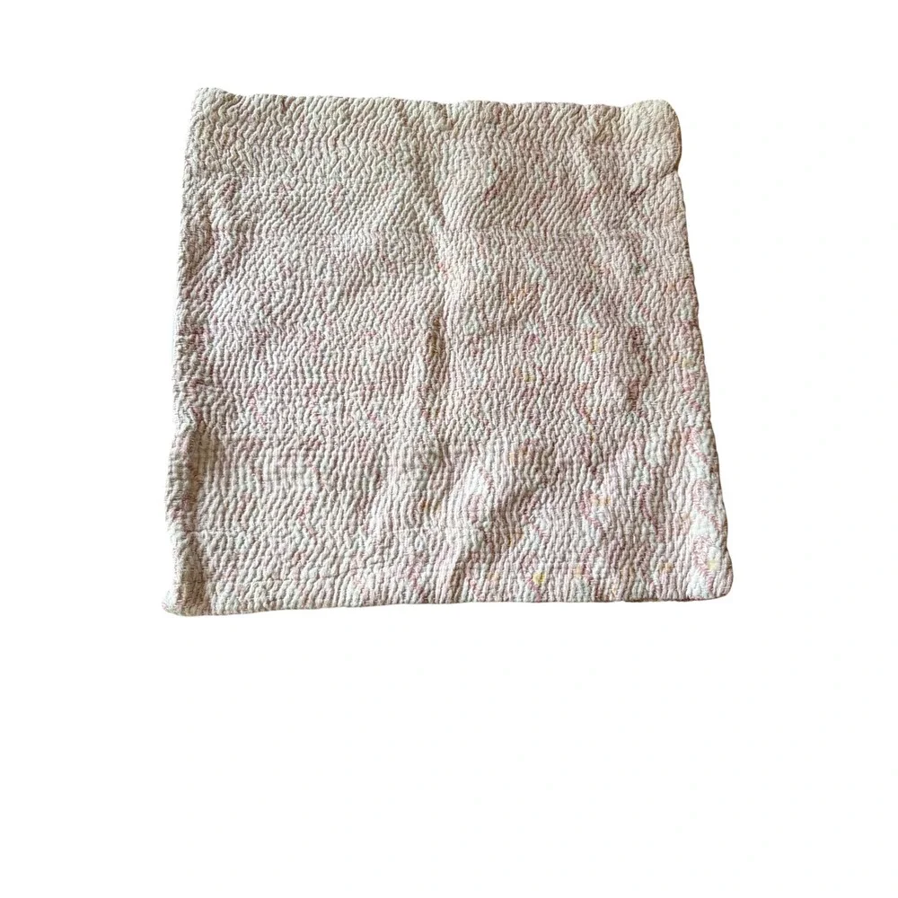 Boho Pillow Cover Pink Cream Kantha Stitch Striped Hand Quilted Square 16in